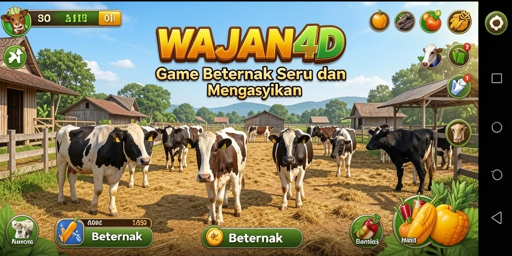 Antarmuka menarik dari game Beternak WAJAN4D dengan berbagai hewan dan tanaman.